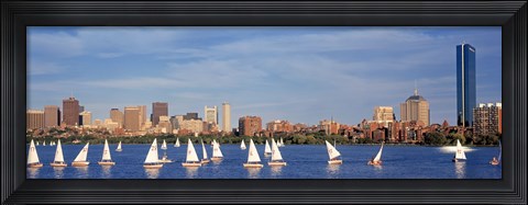 Framed View of boats on a river by a city, Charles River,  Boston Print