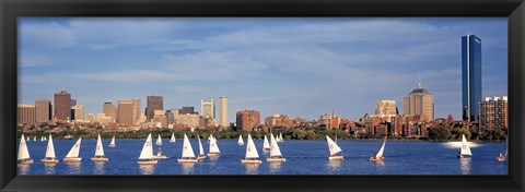 Framed View of boats on a river by a city, Charles River,  Boston Print