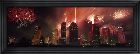 Framed Fireworks over buildings in a city, Houston, Texas Print