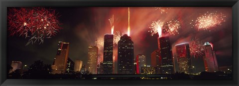 Framed Fireworks over buildings in a city, Houston, Texas Print