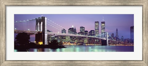Framed Bridge at dusk, Brooklyn Bridge, East River, World Trade Center, Wall Street, Manhattan, New York City, New York State, USA Print