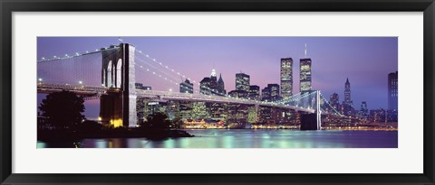 Framed Bridge at dusk, Brooklyn Bridge, East River, World Trade Center, Wall Street, Manhattan, New York City, New York State, USA Print