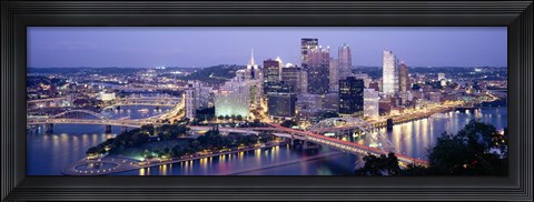 Framed Buildings in a city lit up at dusk, Pittsburgh, Allegheny County, Pennsylvania, USA Print