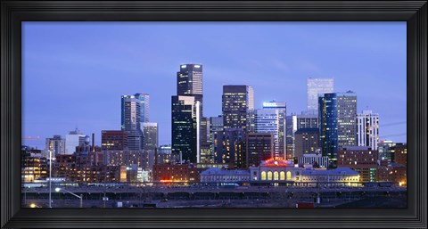 Framed Buildings lit up at dusk, Denver, Colorado Print