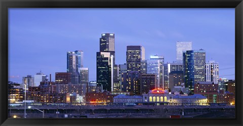 Framed Buildings lit up at dusk, Denver, Colorado Print