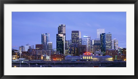 Framed Buildings lit up at dusk, Denver, Colorado Print