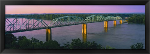 Framed USA, Missouri, High angle view of railroad track bridge Route 54 over Mississippi River Print