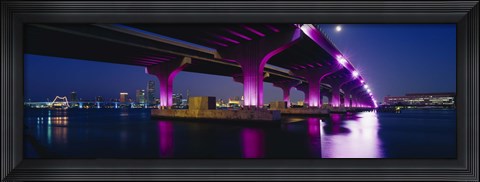 Framed Bridge lit up across a bay, Macarthur Causeway, Biscayne Bay, Miami, Florida, USA Print