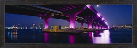 Framed Bridge lit up across a bay, Macarthur Causeway, Biscayne Bay, Miami, Florida, USA Print