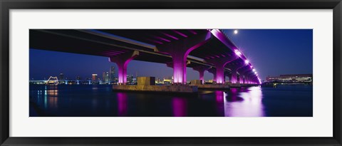 Framed Bridge lit up across a bay, Macarthur Causeway, Biscayne Bay, Miami, Florida, USA Print
