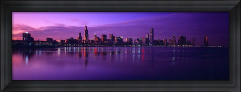 Framed Buildings at the waterfront lit up at dusk, Sears Tower, Hancock Building, Lake Michigan, Chicago, Cook County, Illinois, USA Print