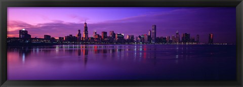 Framed Buildings at the waterfront lit up at dusk, Sears Tower, Hancock Building, Lake Michigan, Chicago, Cook County, Illinois, USA Print