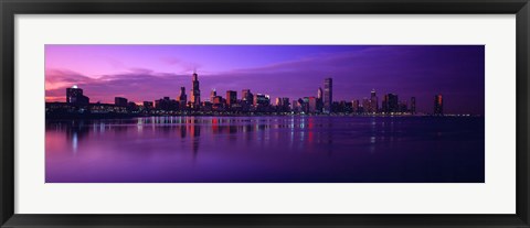 Framed Buildings at the waterfront lit up at dusk, Sears Tower, Hancock Building, Lake Michigan, Chicago, Cook County, Illinois, USA Print