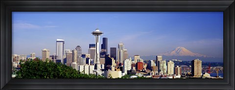 Framed Skyscrapers with mountain in the background, Mt Rainier, Mt Rainier National Park, Space Needle, Seattle, Washington State, USA Print