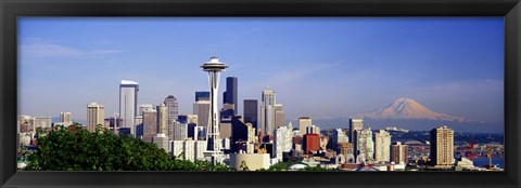 Framed Skyscrapers with mountain in the background, Mt Rainier, Mt Rainier National Park, Space Needle, Seattle, Washington State, USA Print