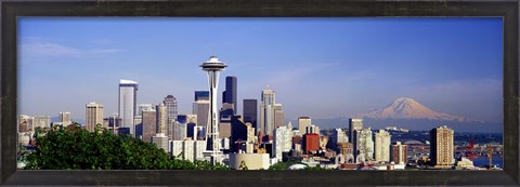 Framed Skyscrapers with mountain in the background, Mt Rainier, Mt Rainier National Park, Space Needle, Seattle, Washington State, USA Print