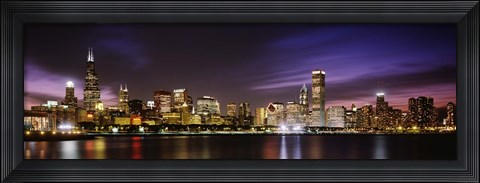 Framed Buildings at the waterfront lit up at night, Chicago, Illinois Print