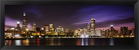 Framed Buildings at the waterfront lit up at night, Chicago, Illinois Print