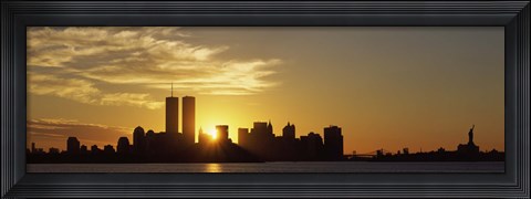 Framed Manhattan skyline and a statue at sunrise, Statue Of Liberty, New York City, New York State, USA Print