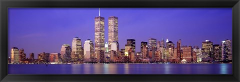 Framed Buildings at the waterfront lit up at dusk, World Trade Center, Wall Street, Manhattan, New York City, New York State, USA Print