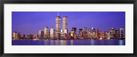 Framed Buildings at the waterfront lit up at dusk, World Trade Center, Wall Street, Manhattan, New York City, New York State, USA Print