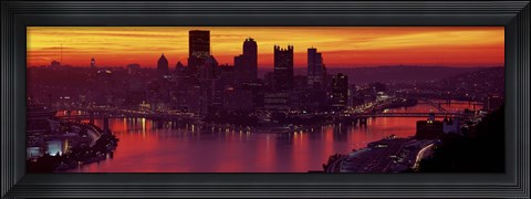 Framed Silhouette of buildings at dawn, Three Rivers Stadium, Pittsburgh, Allegheny County, Pennsylvania, USA Print