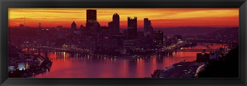 Framed Silhouette of buildings at dawn, Three Rivers Stadium, Pittsburgh, Allegheny County, Pennsylvania, USA Print