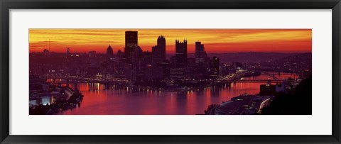 Framed Silhouette of buildings at dawn, Three Rivers Stadium, Pittsburgh, Allegheny County, Pennsylvania, USA Print