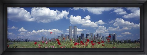 Framed Red Flowers in a park with buildings in the background, Manhattan Print