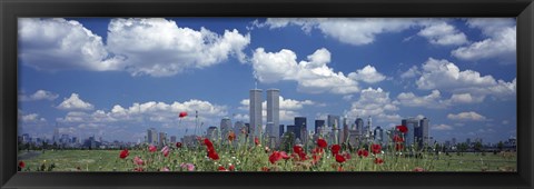 Framed Red Flowers in a park with buildings in the background, Manhattan Print