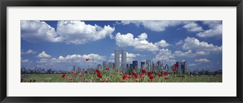 Framed Red Flowers in a park with buildings in the background, Manhattan Print