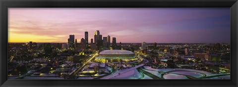 Framed Skyscrapers lit up at sunset, Minneapolis, Minnesota, USA Print