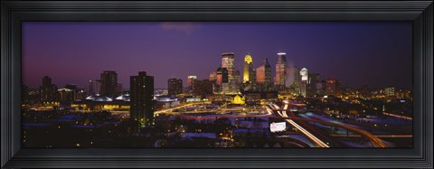 Framed Skyscrapers lit up at dusk, Minneapolis, Minnesota, USA Print
