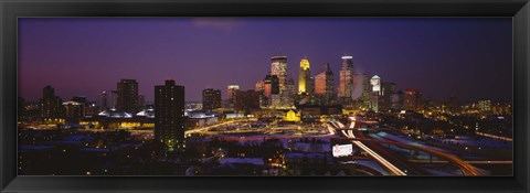 Framed Skyscrapers lit up at dusk, Minneapolis, Minnesota, USA Print