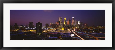 Framed Skyscrapers lit up at dusk, Minneapolis, Minnesota, USA Print