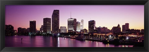 Framed Buildings lit up at dusk, Biscayne Bay, Miami, Miami-Dade county, Florida, USA Print