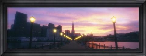 Framed Illuminated lampposts on a pier, San Francisco, California, USA Print