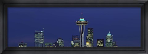 Framed Buildings in a city lit up at night, Space Needle, Seattle, King County, Washington State, USA Print
