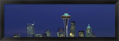 Framed Buildings in a city lit up at night, Space Needle, Seattle, King County, Washington State, USA Print