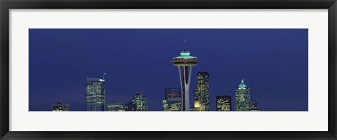 Framed Buildings in a city lit up at night, Space Needle, Seattle, King County, Washington State, USA Print