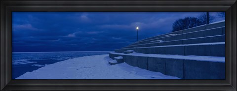 Framed Snow on steps at the lakeside, Lake Michigan, Chicago, Cook County, Illinois, USA Print