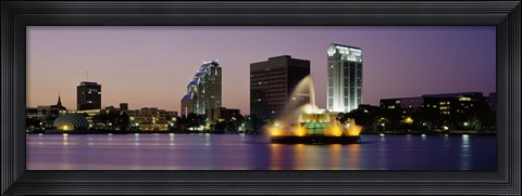 Framed Fountain in a lake lit up at night, Lake Eola, Summerlin Park, Orlando, Florida Print