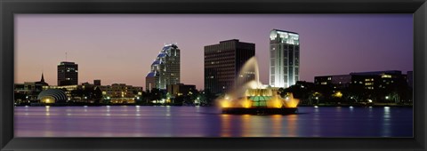 Framed Fountain in a lake lit up at night, Lake Eola, Summerlin Park, Orlando, Florida Print