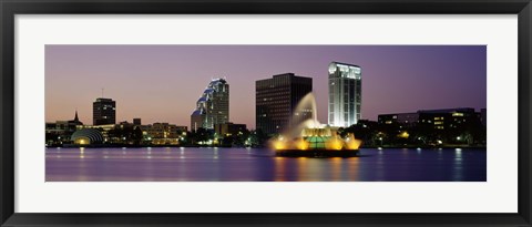 Framed Fountain in a lake lit up at night, Lake Eola, Summerlin Park, Orlando, Florida Print