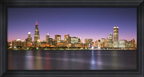 Framed Skyscrapers lit up at night at the waterfront, Lake Michigan, Chicago, Cook County, Illinois, USA Print