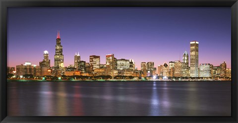 Framed Skyscrapers lit up at night at the waterfront, Lake Michigan, Chicago, Cook County, Illinois, USA Print