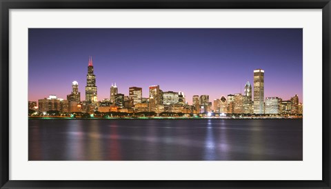 Framed Skyscrapers lit up at night at the waterfront, Lake Michigan, Chicago, Cook County, Illinois, USA Print