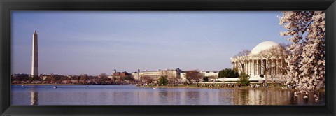 Framed USA, Washington DC, Washington Monument and Jefferson Memorial, Tourists outside the memorial Print