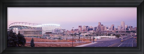 Framed USA, Colorado, Denver, Invesco Stadium, Skyline at dusk Print