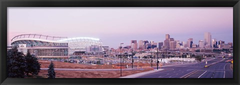 Framed USA, Colorado, Denver, Invesco Stadium, Skyline at dusk Print